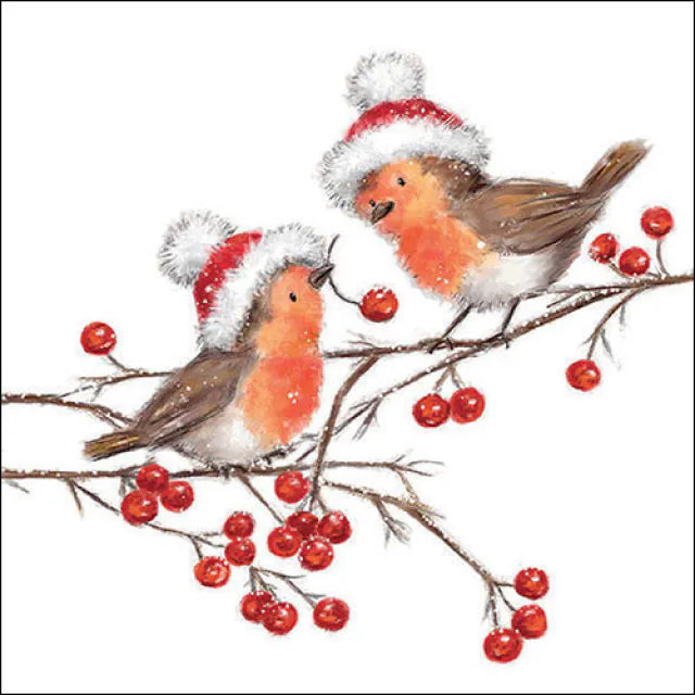Ziemassvētku salvetes “Christmas Robins” – baltas 33x33cm