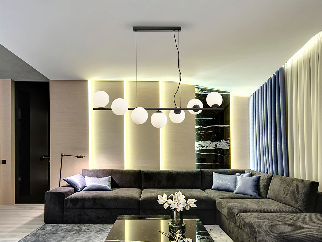 Griestu lampa INOA, 7 spuldzes, melna–opāla
