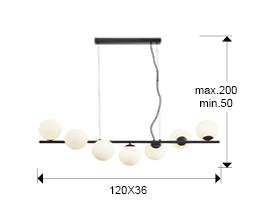 Griestu lampa INOA, 7 spuldzes, melna–opāla